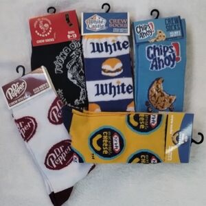 Snack Themed Crew Socks! 5pair Dr Pepper, White Castle, and Chips Ahoy!